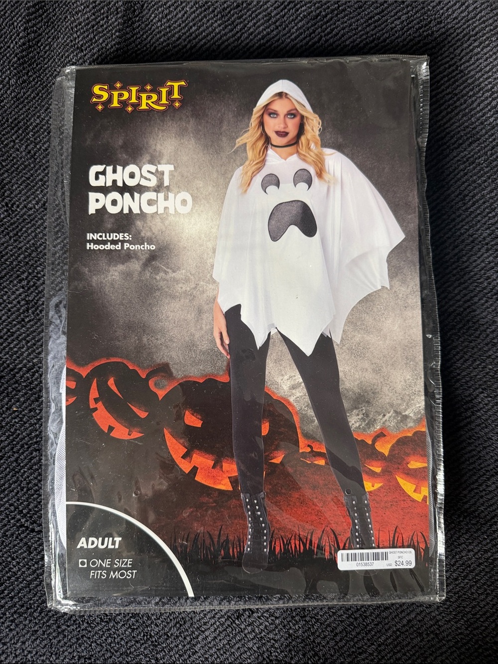 Spirit White Ghost Poncho Hooded Costume with Black Face Detail